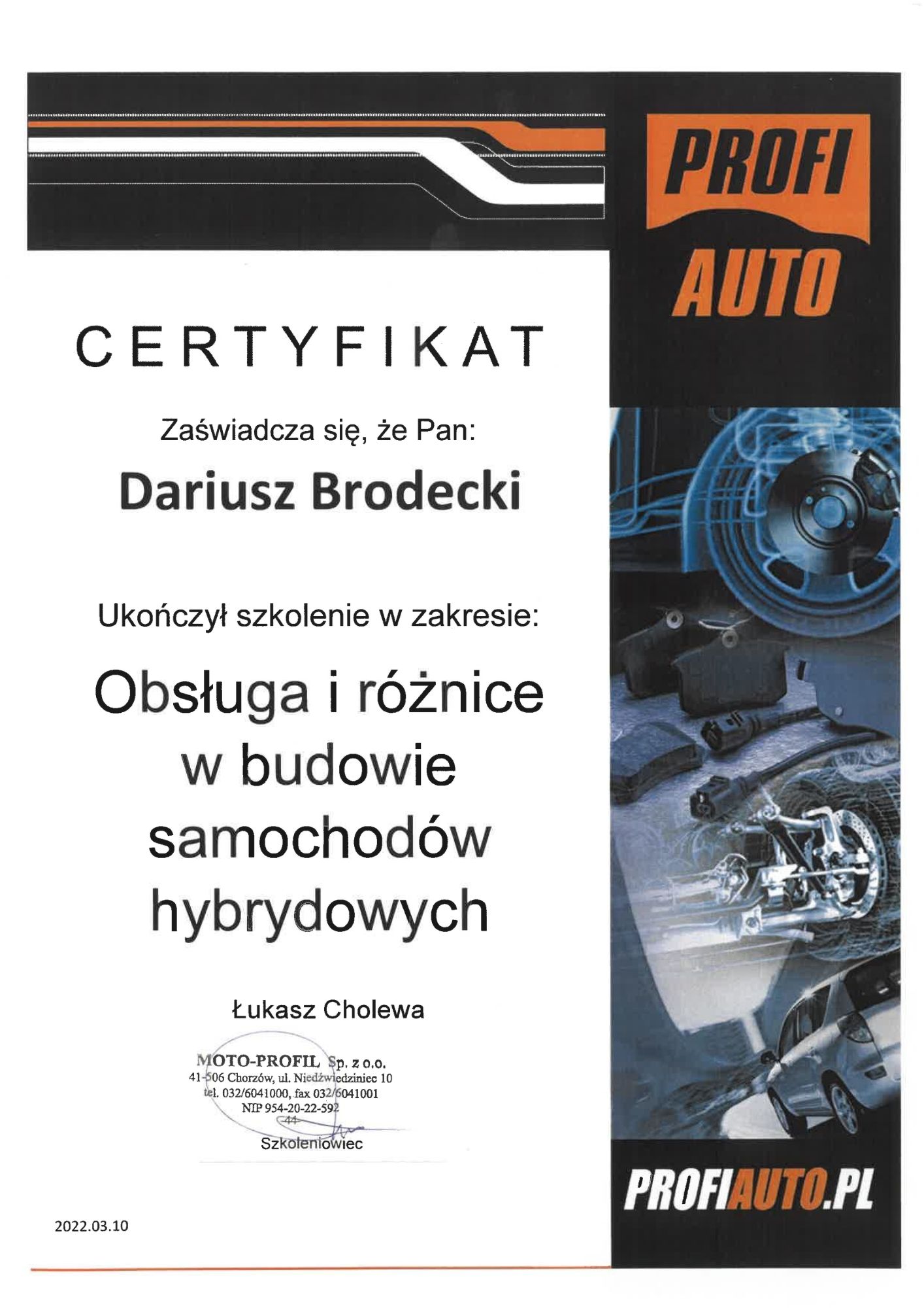 Auto Elektryk Brzeziny certyfikat 01